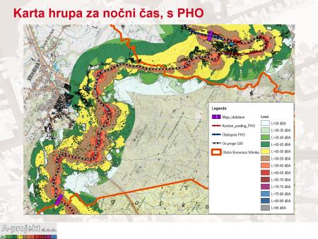 Karta obremenitev s hrupom na območju študije